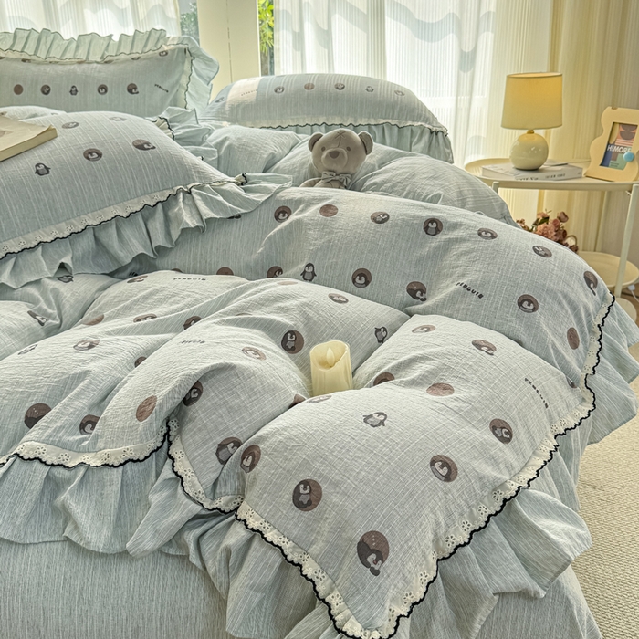 91家纺网 家纺一手货源 找家纺 大麦家纺 2026新款水洗色织棉麻花边四件套 企鹅时光