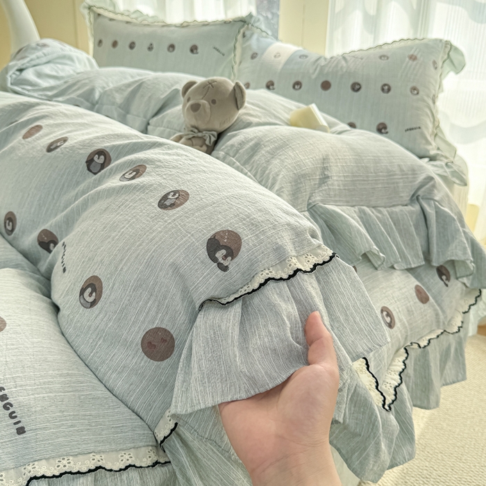 91家纺网 家纺一手货源 找家纺 大麦家纺 2026新款水洗色织棉麻花边四件套 企鹅时光