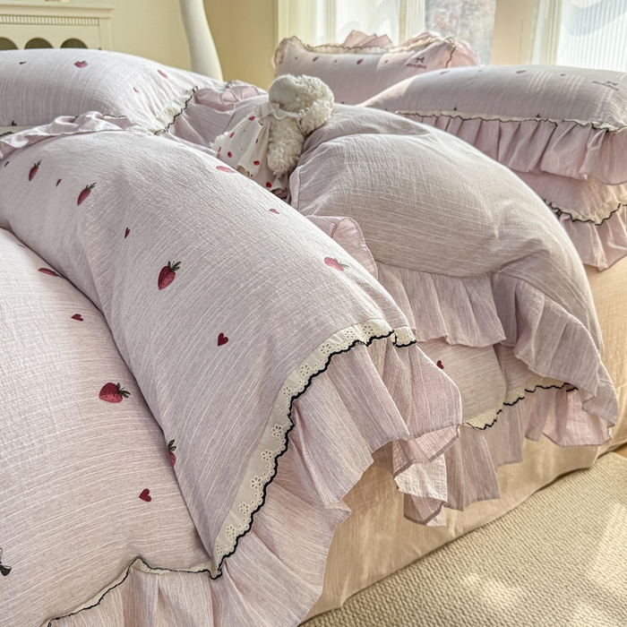 大麦家纺 2026新款水洗色织棉麻花边四件套 软糖草莓