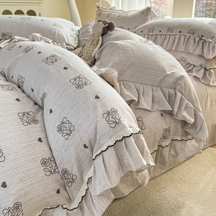 大麦家纺 2026新款水洗色织棉麻花边四件套 素雅情调