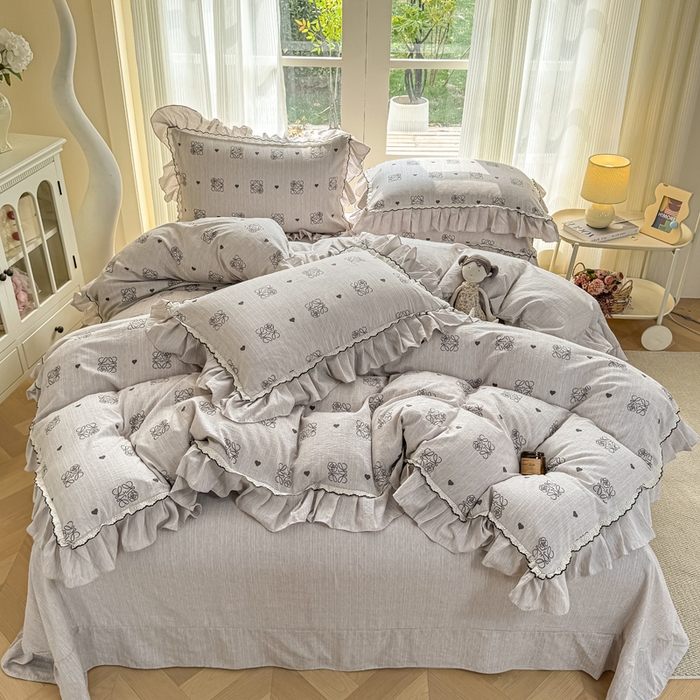 91家纺网 家纺一手货源 找家纺 大麦家纺 2026新款水洗色织棉麻花边四件套 素雅情调