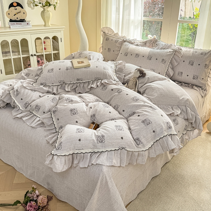 91家纺网 家纺一手货源 找家纺 大麦家纺 2026新款水洗色织棉麻花边四件套 素雅情调