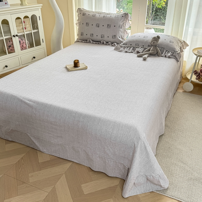 91家纺网 家纺一手货源 找家纺 大麦家纺 2026新款水洗色织棉麻花边四件套 素雅情调