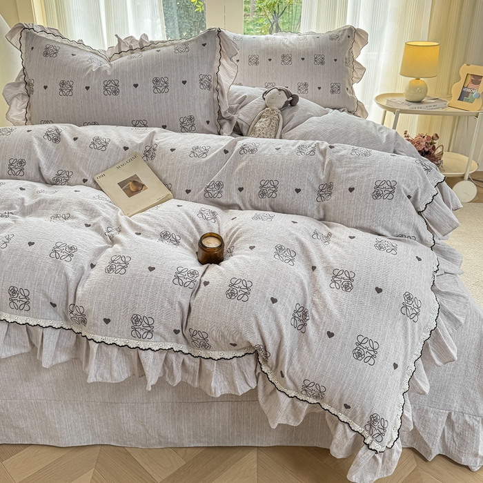 91家纺网 家纺一手货源 找家纺 大麦家纺 2026新款水洗色织棉麻花边四件套 素雅情调