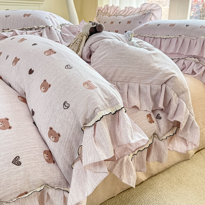 大麦家纺 2026新款水洗色织棉麻花边四件套 甜心咔熊