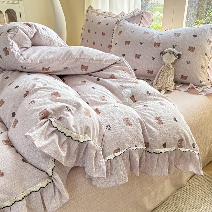 91家纺网 家纺一手货源 找家纺 大麦家纺 2026新款水洗色织棉麻花边四件套 甜心咔熊