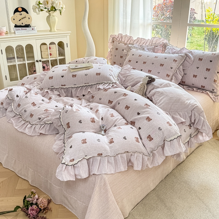 91家纺网 家纺一手货源 找家纺 大麦家纺 2026新款水洗色织棉麻花边四件套 甜心咔熊