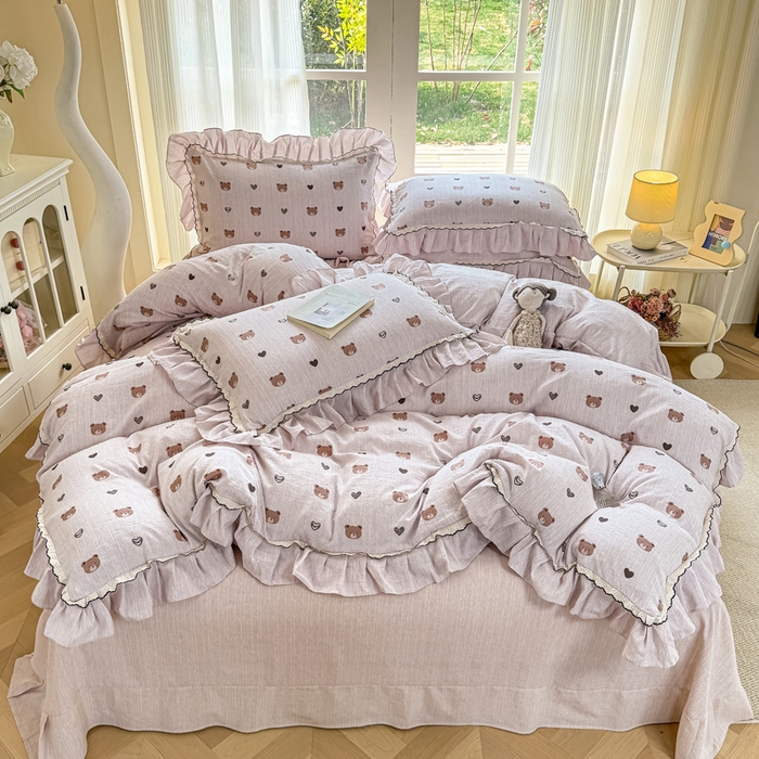 91家纺网 家纺一手货源 找家纺 大麦家纺 2026新款水洗色织棉麻花边四件套 甜心咔熊