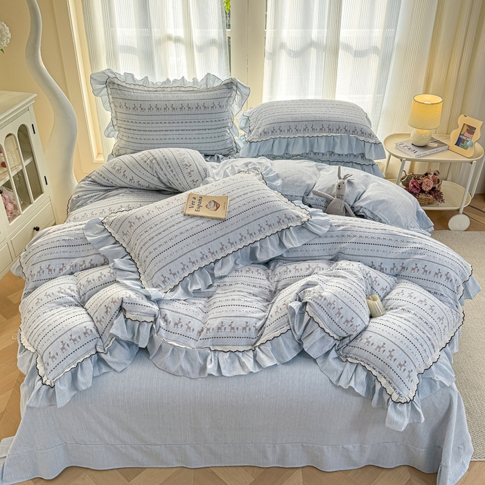 91家纺网 家纺一手货源 找家纺 大麦家纺 2026新款水洗色织棉麻花边四件套 小鹿乱撞