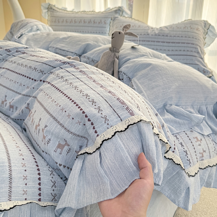 91家纺网 家纺一手货源 找家纺 大麦家纺 2026新款水洗色织棉麻花边四件套 小鹿乱撞