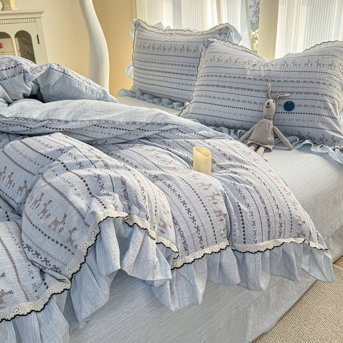 91家纺网 家纺一手货源 找家纺 大麦家纺 2026新款水洗色织棉麻花边四件套 小鹿乱撞