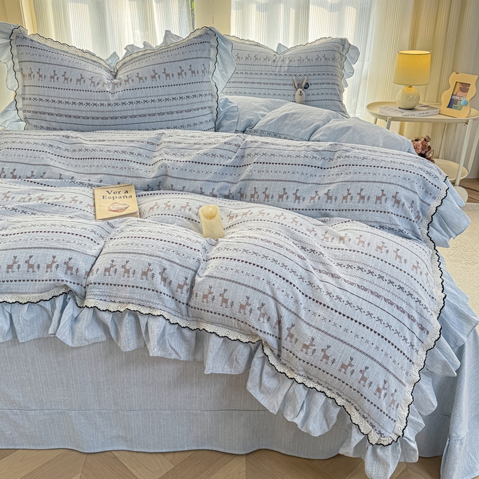 91家纺网 家纺一手货源 找家纺 大麦家纺 2026新款水洗色织棉麻花边四件套 小鹿乱撞