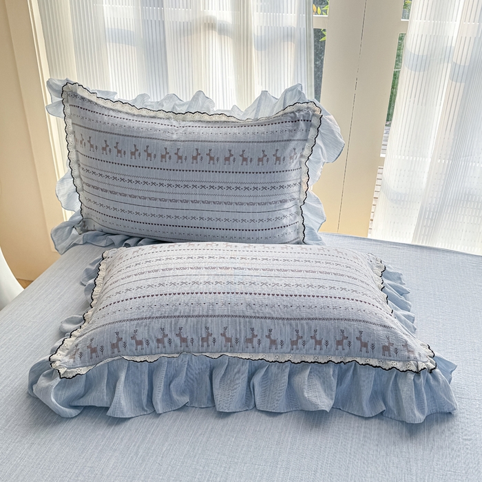 91家纺网 家纺一手货源 找家纺 大麦家纺 2026新款水洗色织棉麻花边四件套 小鹿乱撞