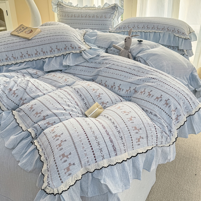 91家纺网 家纺一手货源 找家纺 大麦家纺 2026新款水洗色织棉麻花边四件套 小鹿乱撞