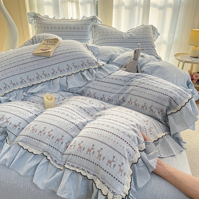 91家纺网 家纺一手货源 找家纺 大麦家纺 2026新款水洗色织棉麻花边四件套 小鹿乱撞