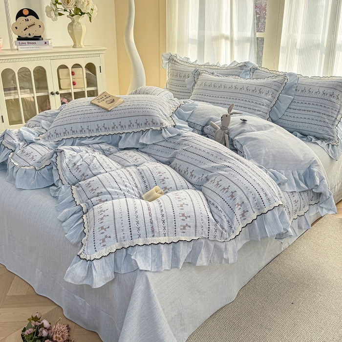 91家纺网 家纺一手货源 找家纺 大麦家纺 2026新款水洗色织棉麻花边四件套 小鹿乱撞