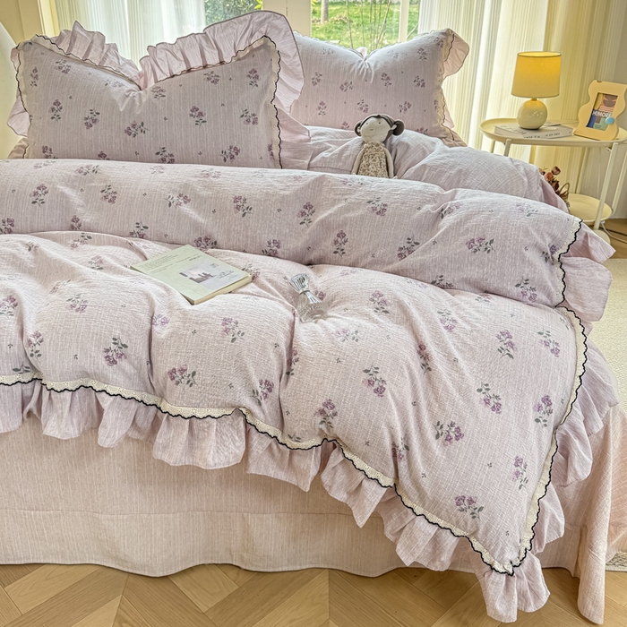 91家纺网 家纺一手货源 找家纺 大麦家纺 2026新款水洗色织棉麻花边四件套 幽兰雪魅