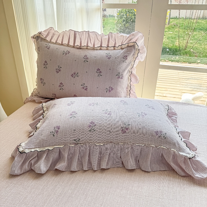 91家纺网 家纺一手货源 找家纺 大麦家纺 2026新款水洗色织棉麻花边四件套 幽兰雪魅