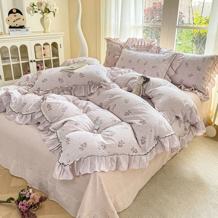 91家纺网 家纺一手货源 找家纺 大麦家纺 2026新款水洗色织棉麻花边四件套 幽兰雪魅