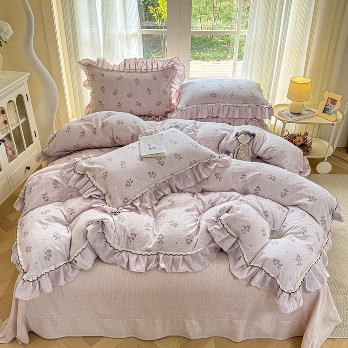 91家纺网 家纺一手货源 找家纺 大麦家纺 2026新款水洗色织棉麻花边四件套 幽兰雪魅