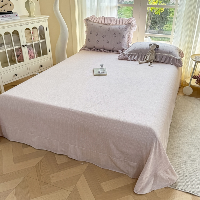 91家纺网 家纺一手货源 找家纺 大麦家纺 2026新款水洗色织棉麻花边四件套 幽兰雪魅