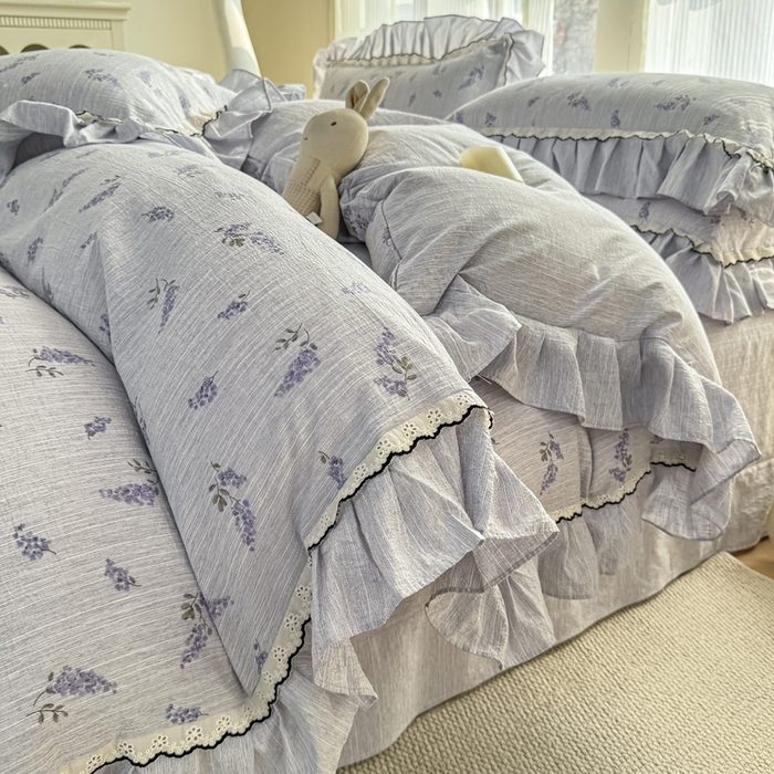 大麦家纺 2026新款水洗色织棉麻花边四件套 原野青提