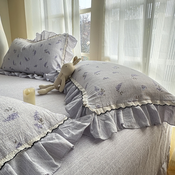 91家纺网 家纺一手货源 找家纺 大麦家纺 2026新款水洗色织棉麻花边四件套 原野青提