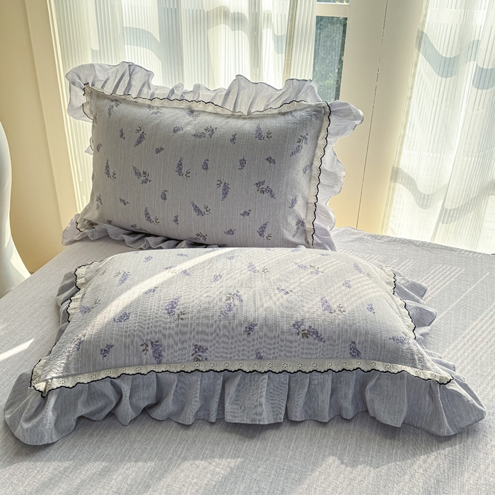 91家纺网 家纺一手货源 找家纺 大麦家纺 2026新款水洗色织棉麻花边四件套 原野青提