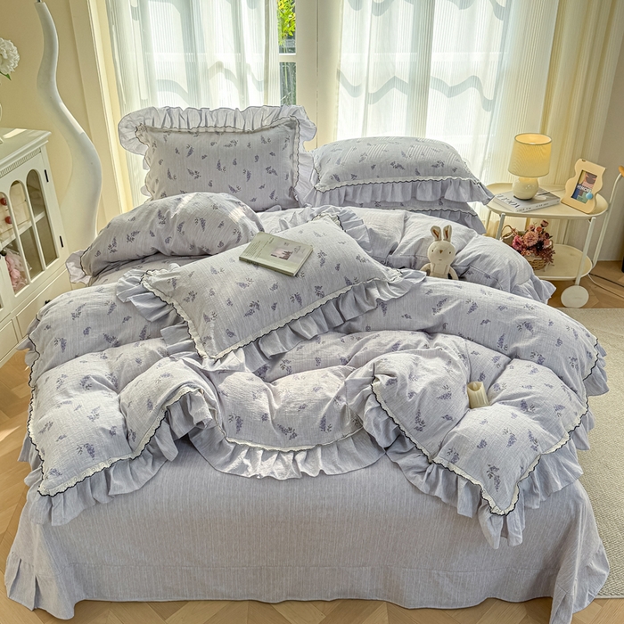 91家纺网 家纺一手货源 找家纺 大麦家纺 2026新款水洗色织棉麻花边四件套 原野青提