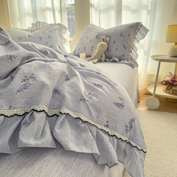 91家纺网 家纺一手货源 找家纺 大麦家纺 2026新款水洗色织棉麻花边四件套 原野青提