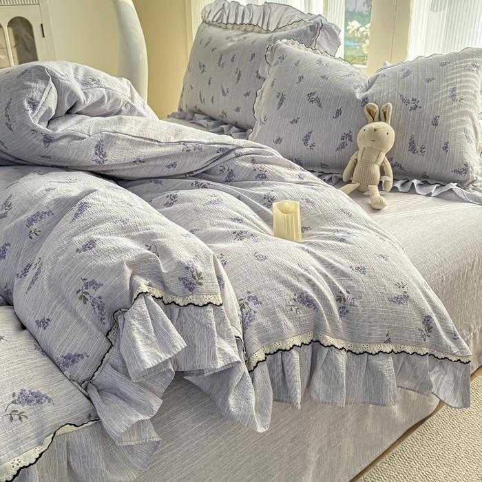 91家纺网 家纺一手货源 找家纺 大麦家纺 2026新款水洗色织棉麻花边四件套 原野青提