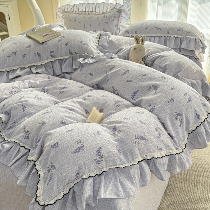 91家纺网 家纺一手货源 找家纺 大麦家纺 2026新款水洗色织棉麻花边四件套 原野青提