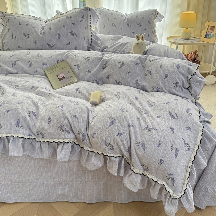 91家纺网 家纺一手货源 找家纺 大麦家纺 2026新款水洗色织棉麻花边四件套 原野青提