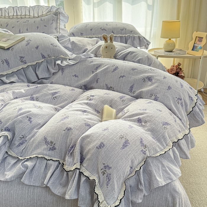 91家纺网 家纺一手货源 找家纺 大麦家纺 2026新款水洗色织棉麻花边四件套 原野青提