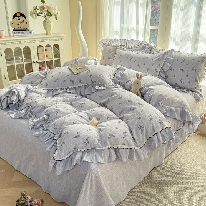 91家纺网 家纺一手货源 找家纺 大麦家纺 2026新款水洗色织棉麻花边四件套 原野青提