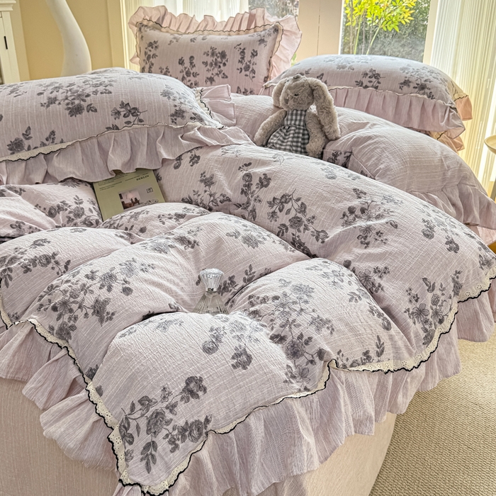 91家纺网 家纺一手货源 找家纺 大麦家纺 2026新款水洗色织棉麻花边四件套 枝含羞