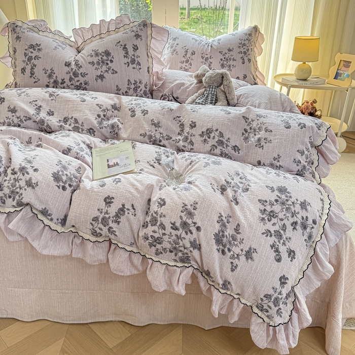 91家纺网 家纺一手货源 找家纺 大麦家纺 2026新款水洗色织棉麻花边四件套 枝含羞