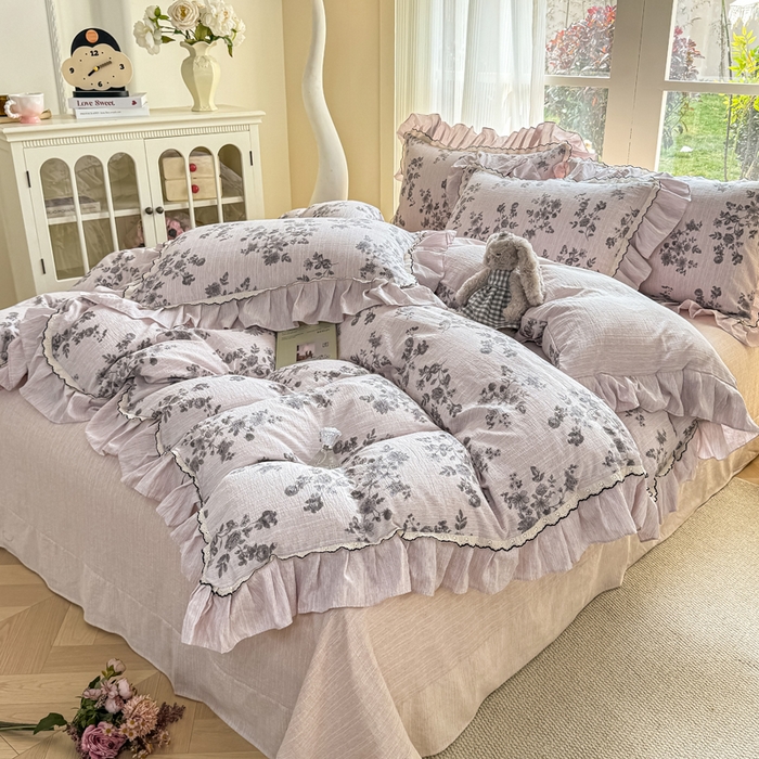 91家纺网 家纺一手货源 找家纺 大麦家纺 2026新款水洗色织棉麻花边四件套 枝含羞