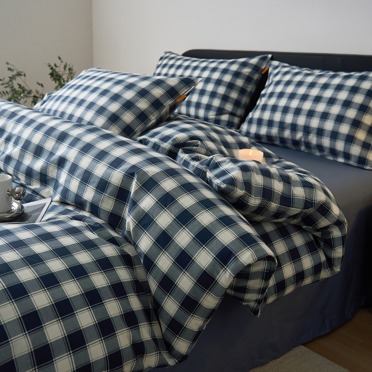 91家纺网 家纺一手货源 找家纺 简宜家居（朝初家纺） 2026新款简约格子40支13070纯棉全棉四件套 藏青学院