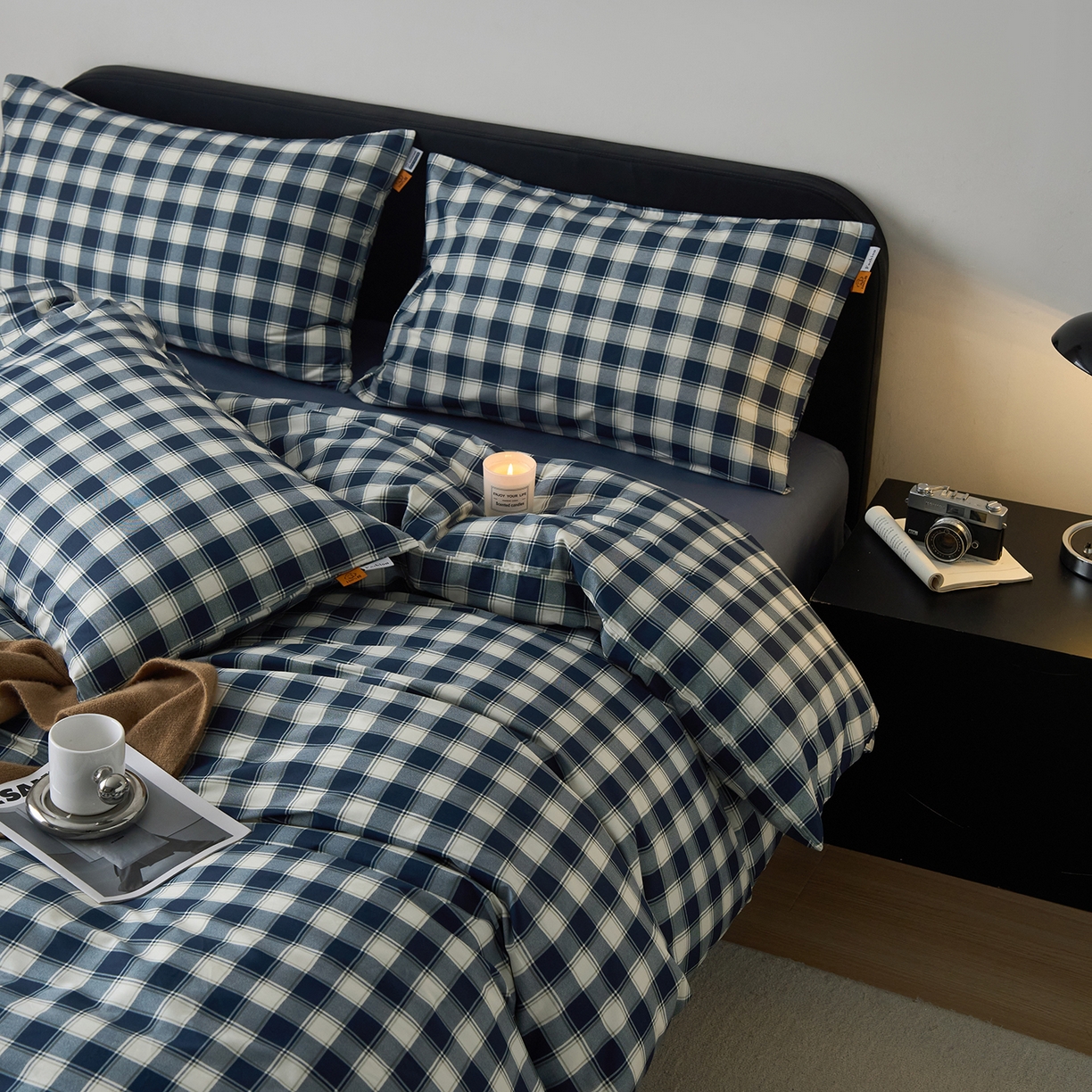 91家纺网 家纺一手货源 找家纺 简宜家居（朝初家纺） 2026新款简约格子40支13070纯棉全棉四件套 藏青学院