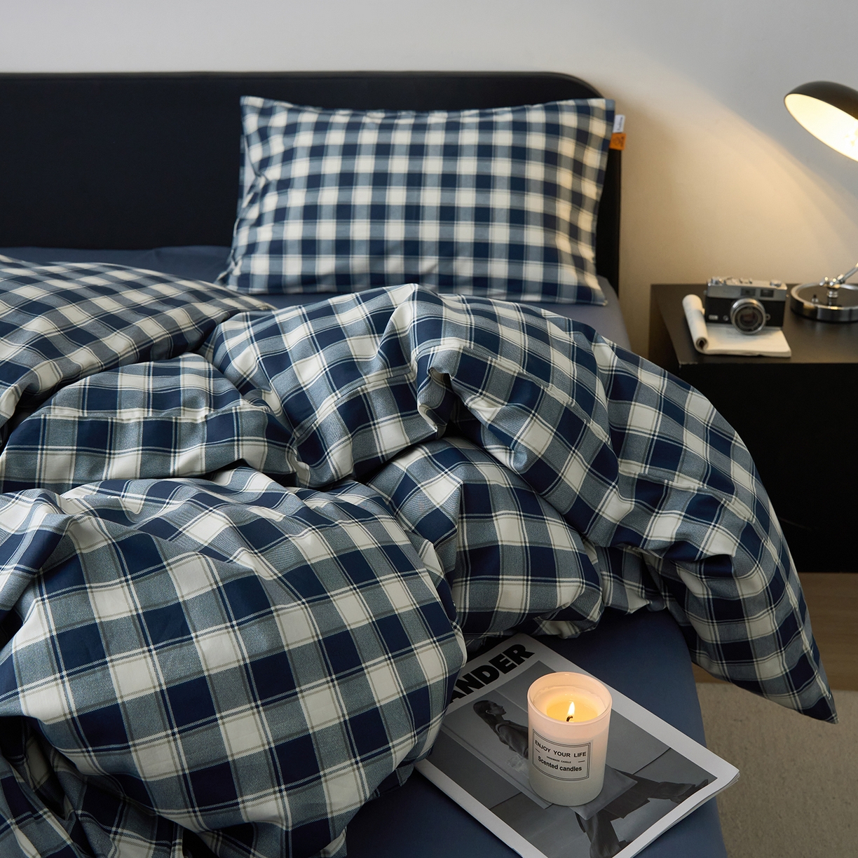 91家纺网 家纺一手货源 找家纺 简宜家居（朝初家纺） 2026新款简约格子40支13070纯棉全棉四件套 藏青学院