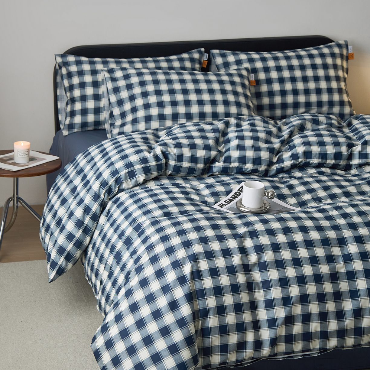 91家纺网 家纺一手货源 找家纺 简宜家居（朝初家纺） 2026新款简约格子40支13070纯棉全棉四件套 藏青学院