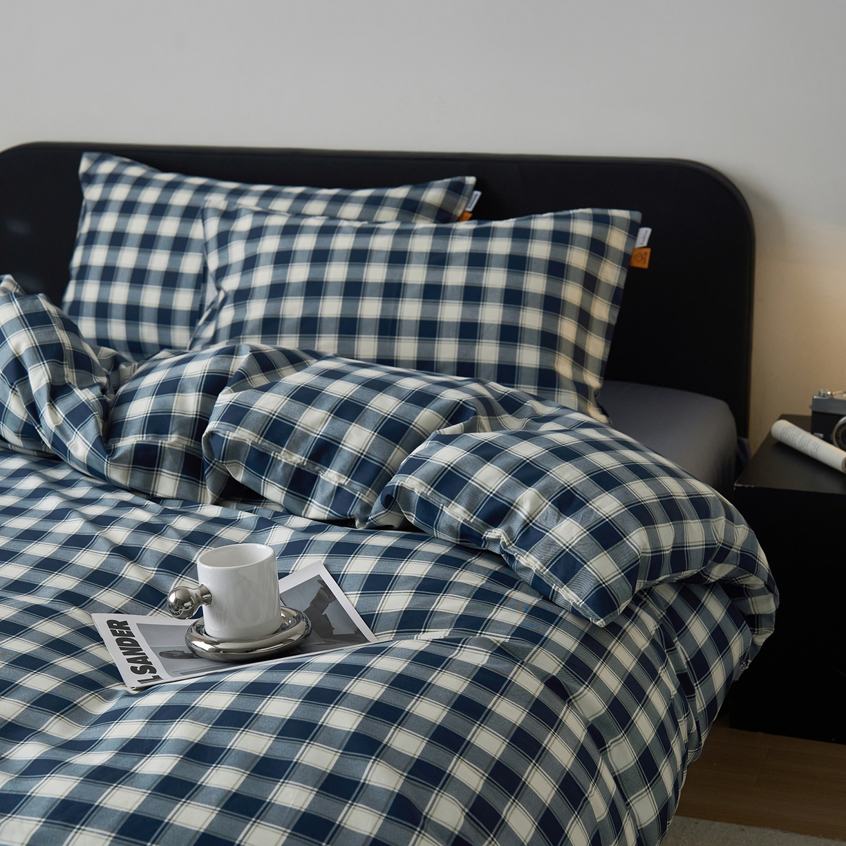 91家纺网 家纺一手货源 找家纺 简宜家居（朝初家纺） 2026新款简约格子40支13070纯棉全棉四件套 藏青学院