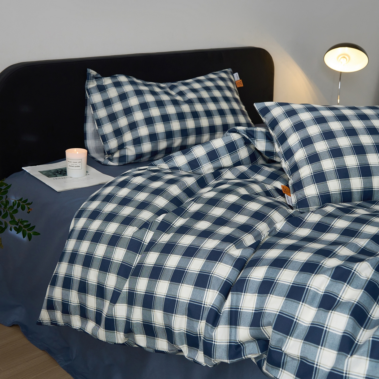 简宜家居（朝初家纺） 2026新款简约格子40支13070纯棉全棉四件套 藏青学院