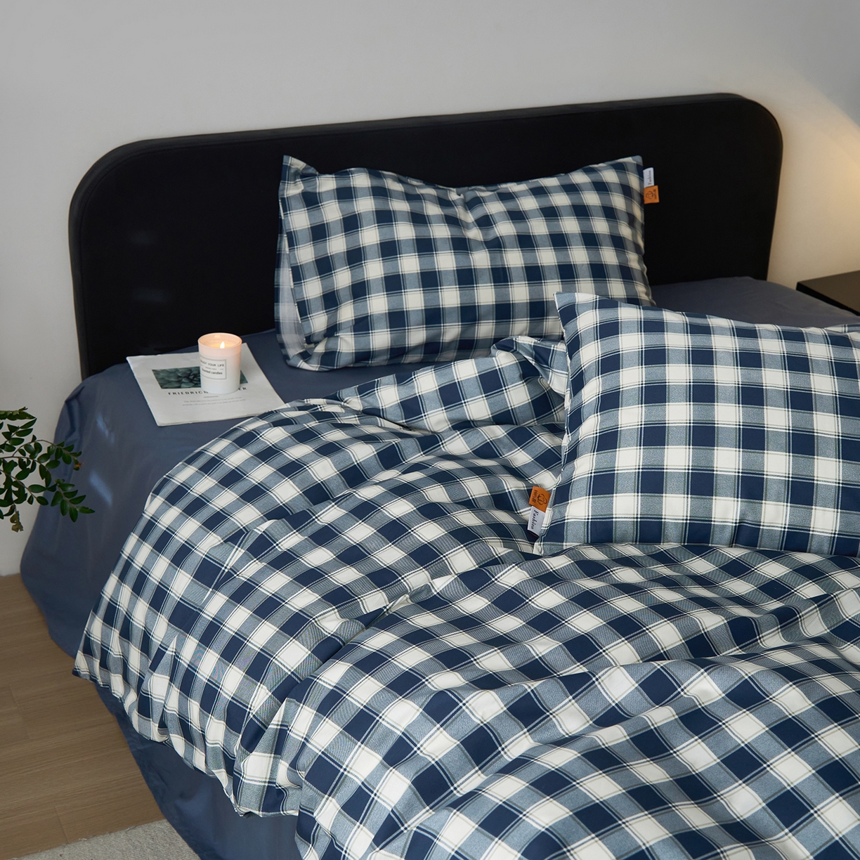 91家纺网 家纺一手货源 找家纺 简宜家居（朝初家纺） 2026新款简约格子40支13070纯棉全棉四件套 藏青学院