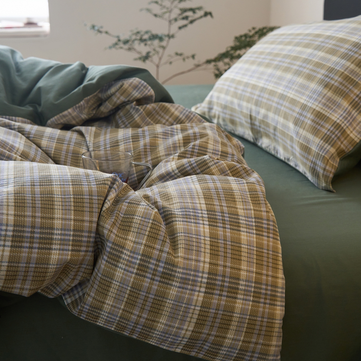 91家纺网 家纺一手货源 找家纺 简宜家居（朝初家纺） 2026新款简约格子40支13070纯棉全棉四件套 抹茶格