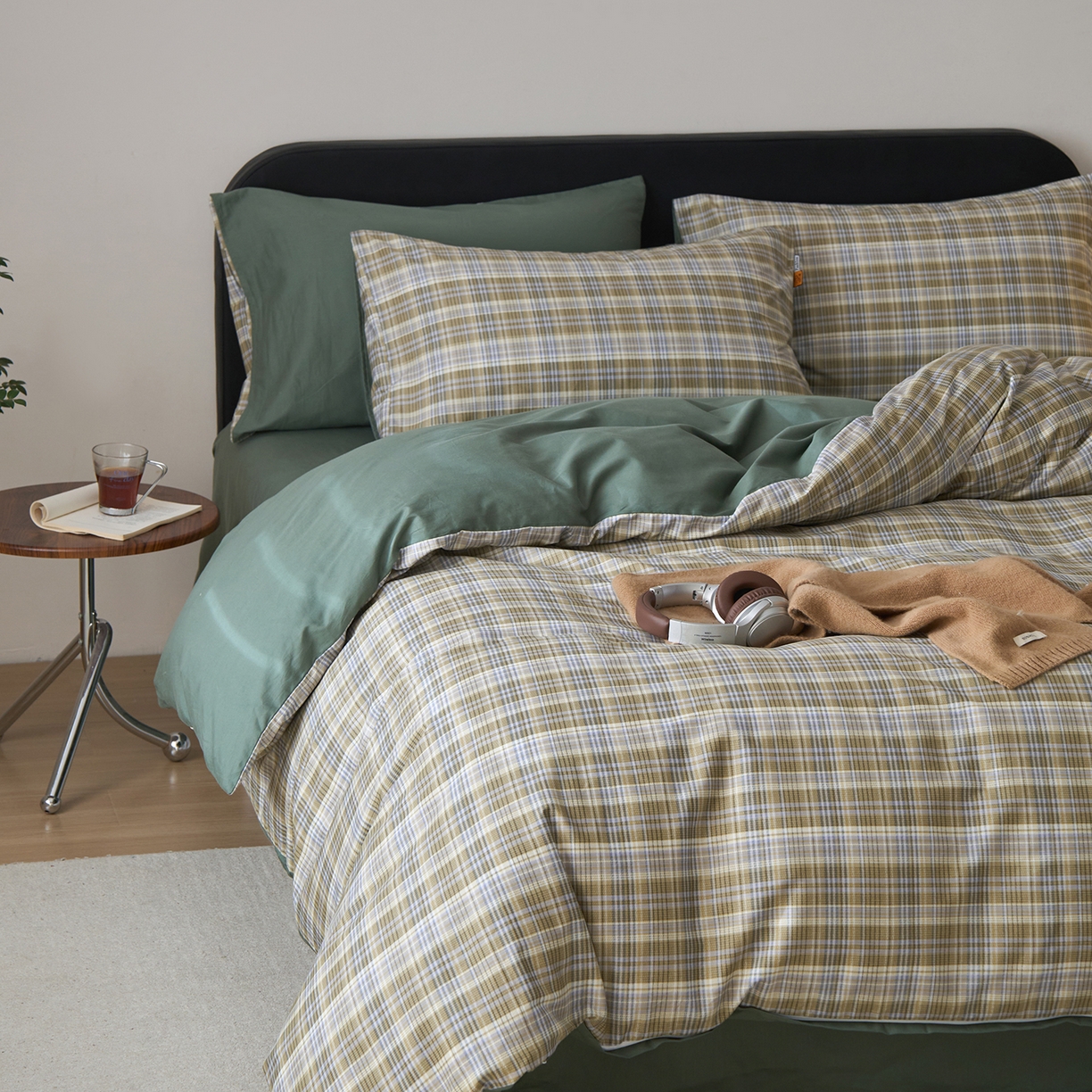 91家纺网 家纺一手货源 找家纺 简宜家居（朝初家纺） 2026新款简约格子40支13070纯棉全棉四件套 抹茶格