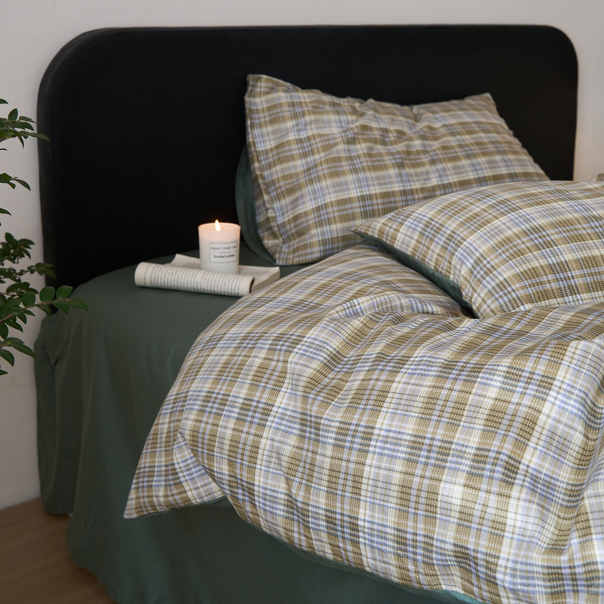 91家纺网 家纺一手货源 找家纺 简宜家居（朝初家纺） 2026新款简约格子40支13070纯棉全棉四件套 抹茶格