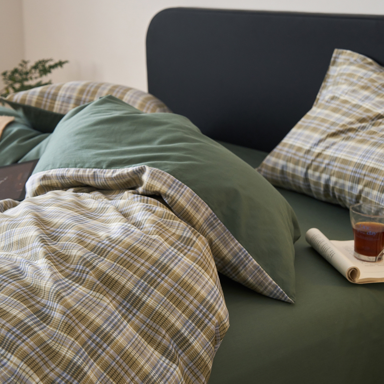 91家纺网 家纺一手货源 找家纺 简宜家居（朝初家纺） 2026新款简约格子40支13070纯棉全棉四件套 抹茶格