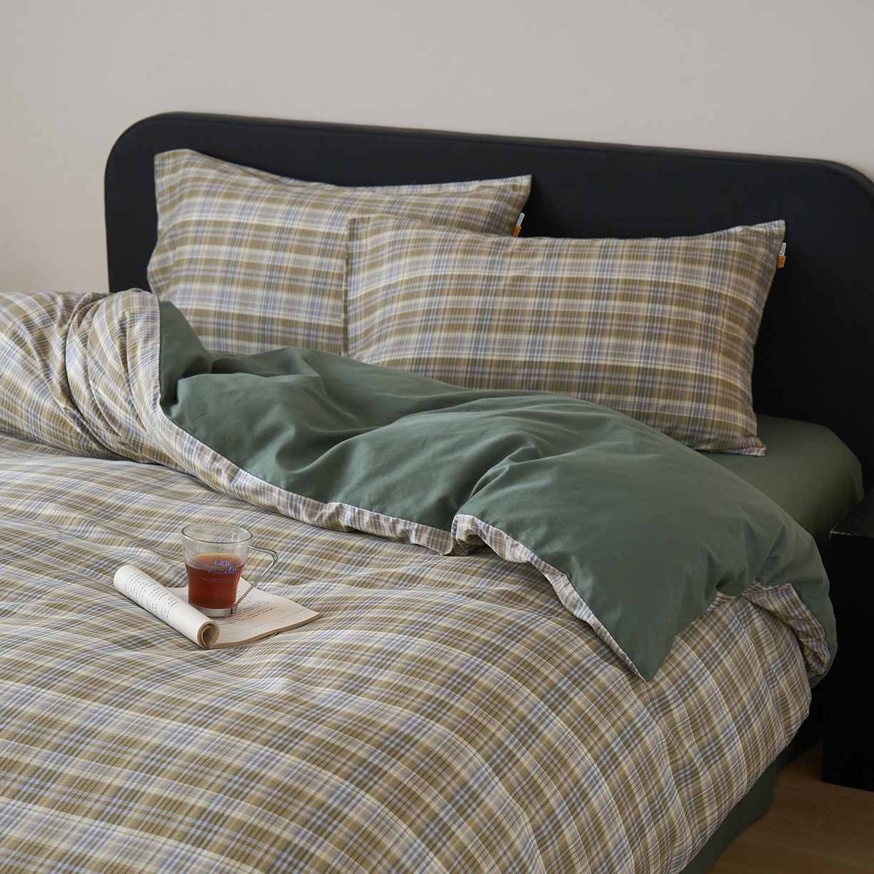 91家纺网 家纺一手货源 找家纺 简宜家居（朝初家纺） 2026新款简约格子40支13070纯棉全棉四件套 抹茶格